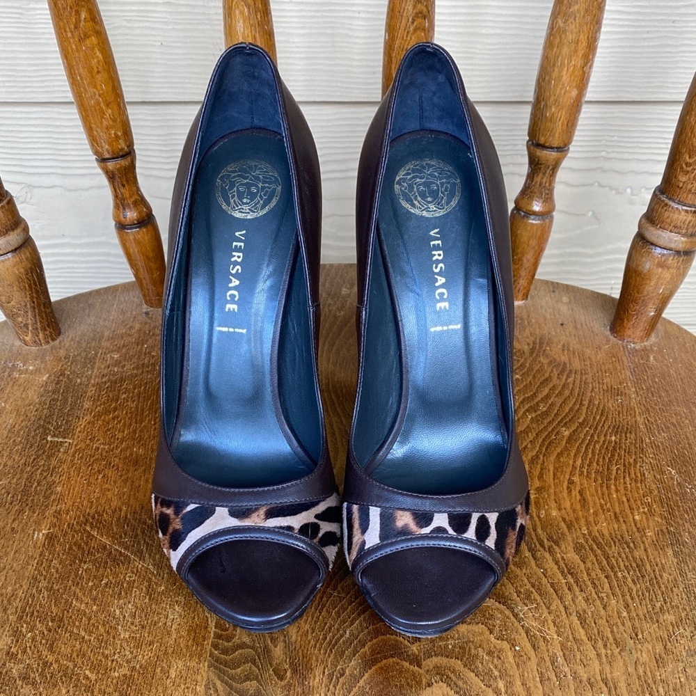 💛 Authentic Versace Medusa Leopard Print Heels | Brown Leather Platform | Size39
